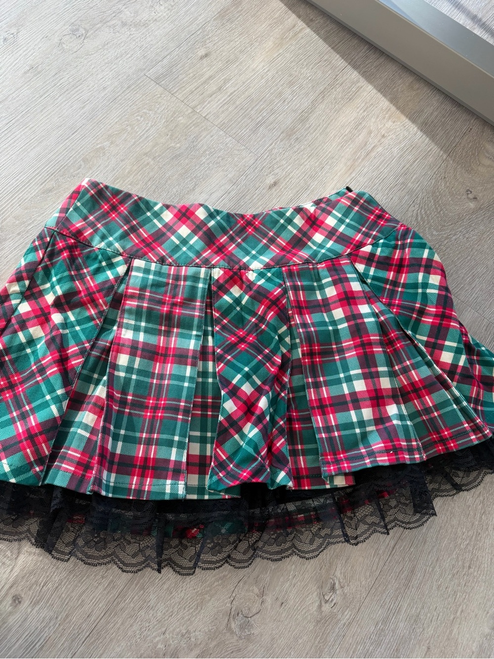 Sugar Thrillz Plaid Pleated Mini Skirt with Lace Trim